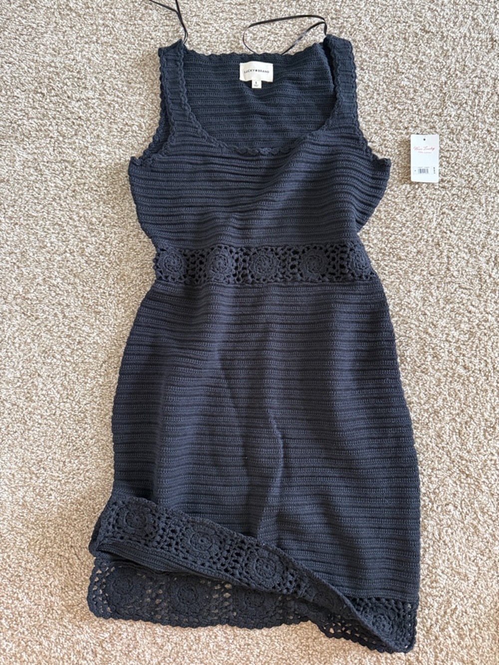 Lucky Brand Black Crochet Trim Knit Mini Dress